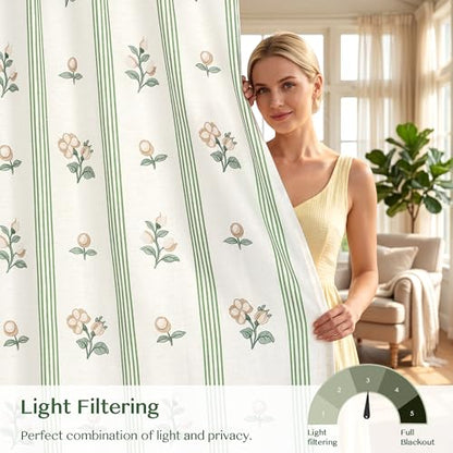 Pinch Pleat Linen Blend Curtains Green Stripe Floral, 40"W x 90 Inches Long - color: Green Stirpe, size: 40"W x 90"L (Pack of 2)