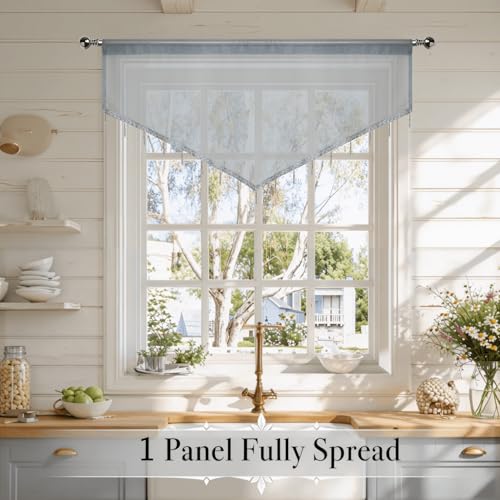 WUBODTI Grey Sheer Beaded Valance Curtains for Windows, Boho Bead Tassels Voile Kitchen Swag Curtain Triangle Sheer Valances Window Valances for Bedroom Living Room Bathroom,3PCs, Each W51 x L24 - color: Grey