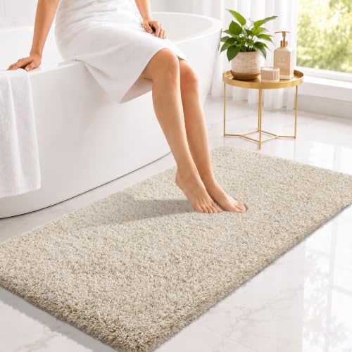 Yimobra Bathroom Runner Rug 47x24, Non Slip Washable Bath Mat, Beige&White - color: Light Beige and White, size: 47" X 24"