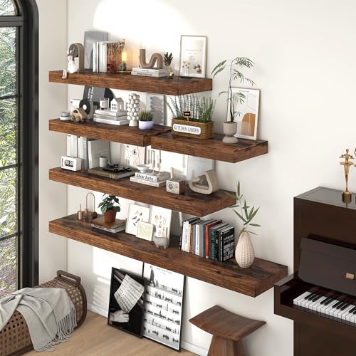 55 Inch Long Floating Shelves for Wall Set of 1, 12"D Wood Grain Shelves - color: Rustic Brown, size: 55"Wx12"Dx2"H, 1P
