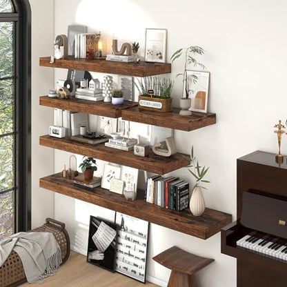 55 Inch Long Floating Shelves for Wall Set of 1, 12"D Wood Grain Shelves - color: Rustic Brown, size: 55"Wx12"Dx2"H, 1P