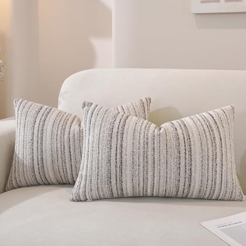 Chenille Throw Decorative Pillow Covers 20x12 Set of 2, Textured Striped Boho Couch Pillow Covers, Cozy Neutral Farmhouse Cushion Cover for Couch Sofa Bedroom Living Room, Colorful Coffee - color: Coffee Stripe, size: 20" x 12" (Pack of 2)
