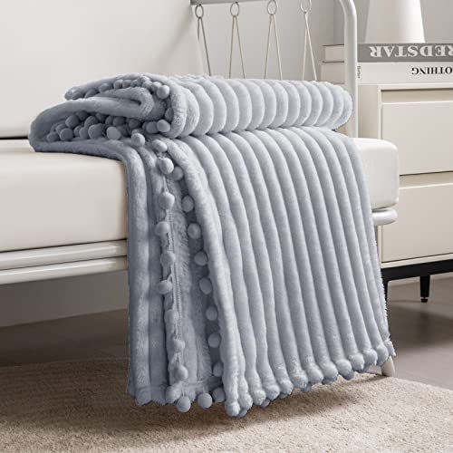 DISSA Fleece Blanket Throw Size – 51x63, Grey – Soft, Plush, Fluffy, Fuzzy, Warm, Cozy – Perfect Throw for Couch, Bed, Sofa - with Pompom Fringe - Flannel Blanket Throw Blanket - color: Grey, size: 51x63"