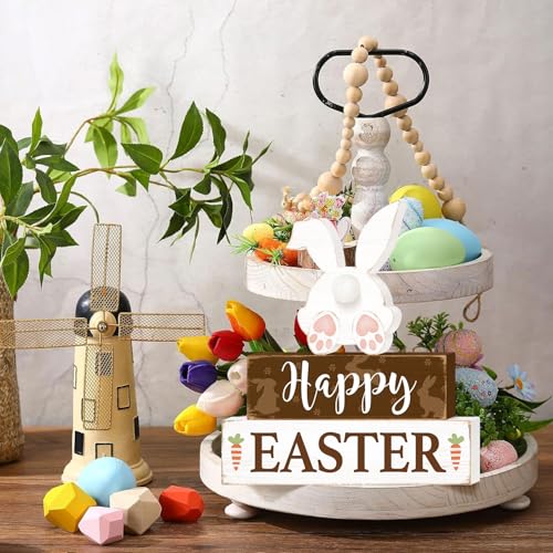 Happy Easter Bunny Table Sign Decorations, Easter Wooden Block Tabletop Centerpiece Signs, Rustic Farmhouse Spring Bunny Holiday Decorations for Tiered Tray Home Decor 3 Layered
