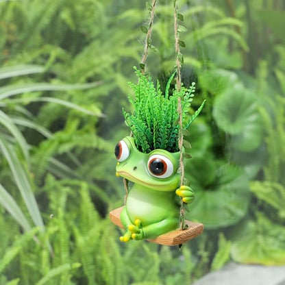 Hanging Swing Frog Planter, Cute Resin Succulent Flower Pot with Drainage Hole, Indoor Outdoor Garden Decor