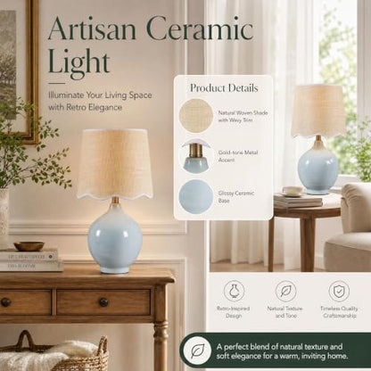 21"H Sky Blue Ceramic Table Lamp with Beige Faux Rattan Drum Shade - color: Sky Blue