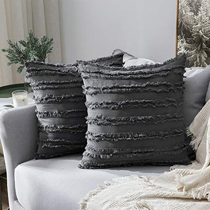 MIULEE Boho Linen Striped Throw Pillow Covers 18x18, Dark Grey - color: Dark Grey, size: 18" x 18" (Pack of 2)