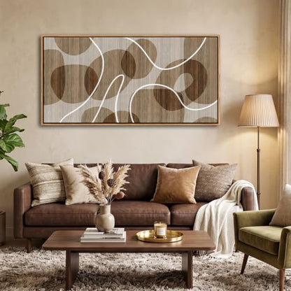 YDYSUNE Boho Neutral Tone Geometric Oval Canvas Wall Art Thin White Curve Line Horizontal Above Sofa Wall Painting 20×40 inch - color: New Brown, size: 40"L x 20"W