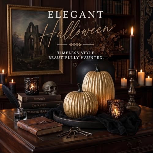 Gold Halloween Pumpkin Decor, Small Resin Pumpkins Set of 2 - color: Gold and Black-set of 2