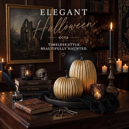 Gold Halloween Pumpkin Decor, Small Resin Pumpkins Set of 2 - color: Gold and Black-set of 2