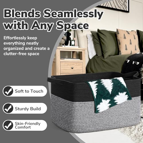 Goodpick Large Woven Rope Blanket Basket, Rectangle, Black & Gray - color: Black & Gray, size: Large(21.6"L x 14.9"W x 11.8"H)