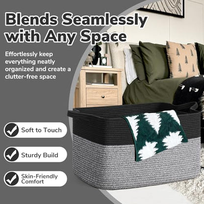 Goodpick Large Woven Rope Blanket Basket, Rectangle, Black & Gray - color: Black & Gray, size: Large(21.6"L x 14.9"W x 11.8"H)