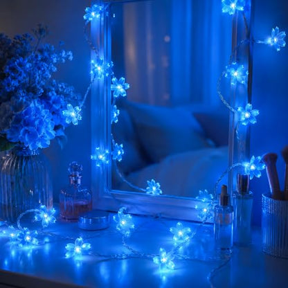 Plug in Blue Flower String Lights, 33ft 100 LED Cherry Blossom Fairy Lights - color: Blue