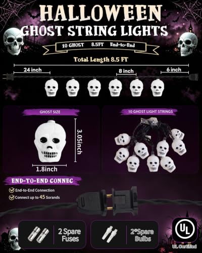 8.5FT Halloween Skull String Lights, Plug-in 10 LED Decor - color: Grimace String Lights