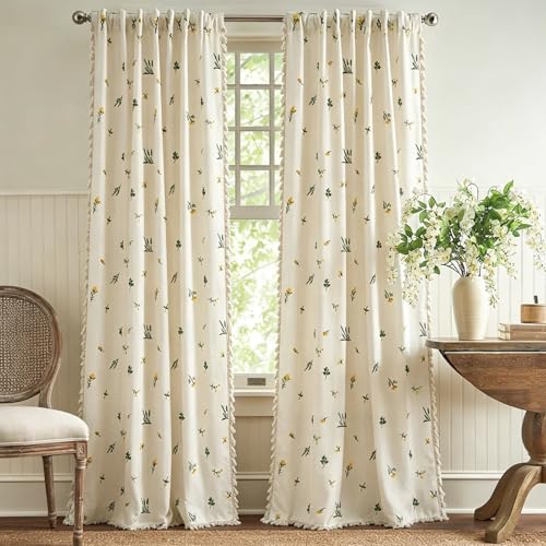 Estmy Farmhouse Cottage Floral Curtains for Bedroom Living Dining Room Nursery 84 Inches Length 2 Panels Semi Blackout, Linen Textured Embroidery Country Vintage Boho Botanical Window Curtains Panels - size: 52"W x 84"L (Pack of 2)