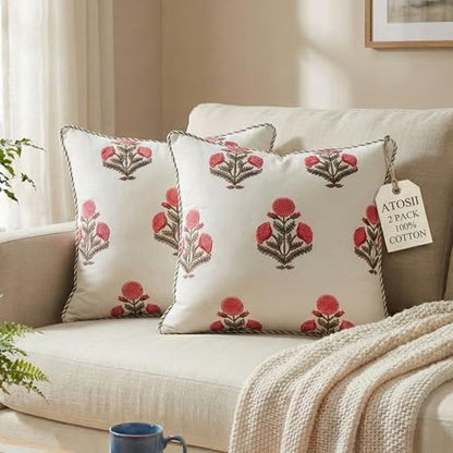 ATOSII Cotton Blockprint Throw Pillow Cover, Poppy, Set of 2, 18 X 18 - color: Poppy, size: 18" x 18" (Pack of 2)