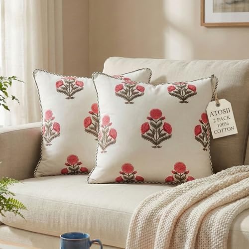 ATOSII Cotton Blockprint Throw Pillow Cover, Poppy, Set of 2, 24 X 24 - color: Poppy, size: 24" x 24" (Pack of 2)