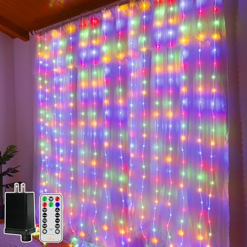 Ollny Curtain Lights 300 LED 9.8FT x 9.8FT, Connectable IP67 Waterproof - color: Multicolored, size: 9.8 ft