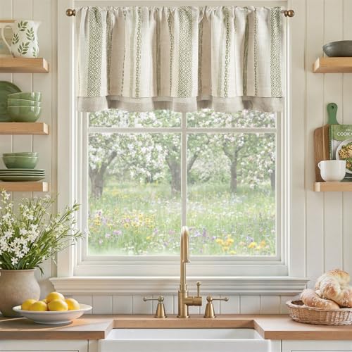jinchan Liora Linen Valance 18 Inch Modern Boho 1 Panel Green on Linen - color: Liora | Green on Linen, size: 50"W x 18"L (Pack of 1)