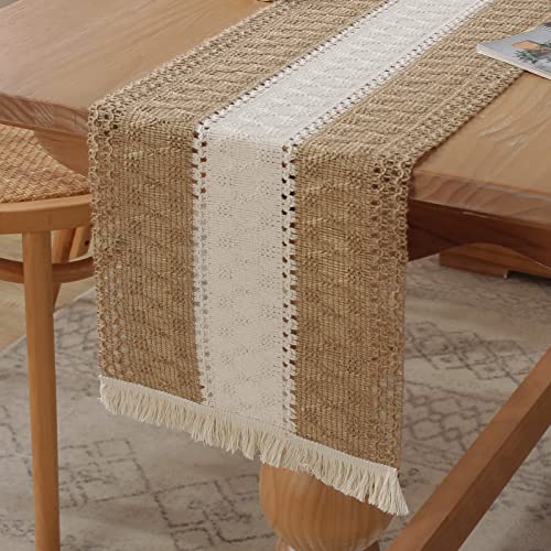 Boho Burlap Macrame Table Runner, Farmhouse Style Cotton Linen Rustic Woven Table Runner with Tassels for Dining, Wedding, Bridal Shower, Bohemian (12x108 inch, Off-White Stripe) - color: Off-white Stripe, size: 12x108 inch
