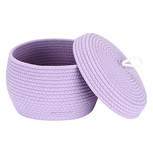 Sea Team Round Woven Cotton Rope Storage Basket with Lid, Lavender - color: Lavender, size: Small