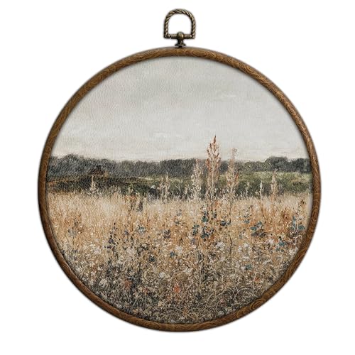 Round Wall Decoration, Vintage Floral Field Landscape Wall Art, Printed Canvas Wall Hanging for Bedroom Kitchen Home Office, Living Room Wall Art, Dorm Decor, Circular Wall Hanging with Hooks,21 - color: Vintage20