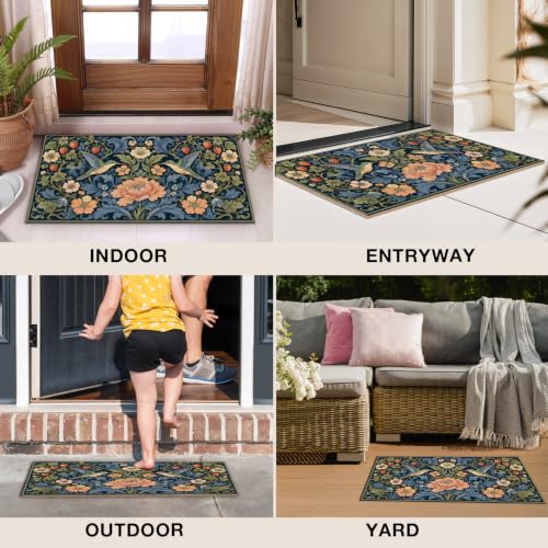 Boho Bird Floral Faux Coco Coir Doormat Door Mat 17x30 Inch - color: Blue Bird