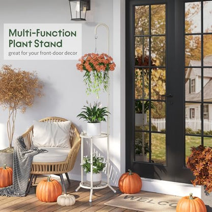 2-Tier Plant Stand With Hanging Hook, Metal Standing Plant Hanger, White - color: White