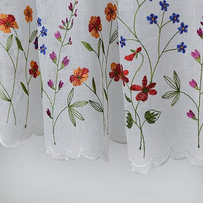 KFL027 Sheer Embroidery Pastoral Style cafecurtain, White Sheer Tiers for Windows 2 Panels (Wild Flower, W30 XL24 X2 Tiers) - size: 30"W x 24"L (Pack of 2)