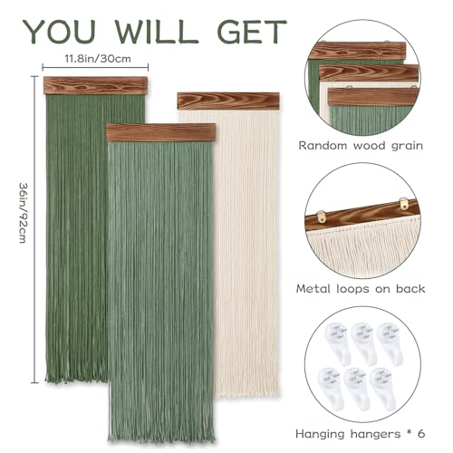 KHOYIME Macrame Wall Hanging Boho Chic Home Decor, 3PCS Bohemian Green Beige Tassel Yarn Tapestry Modern Handmade Large Wall Art Decorations for Living Room Bedroom Nursery Backdrop 11.8''W x 36''L - color: Rectangle-green Beige-3pcs