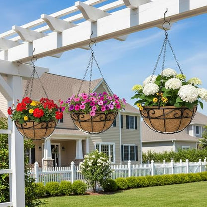 EIMQUVW Outdoor Metal Hanging Planters Basket (4pack, 14 inch) Hanging Baskets for Plants Chain Round Wire Plant Holder with Coco Fiber Liners for Garden, Patio, Deck, Porch(Flower Border) - size: 14 Inch