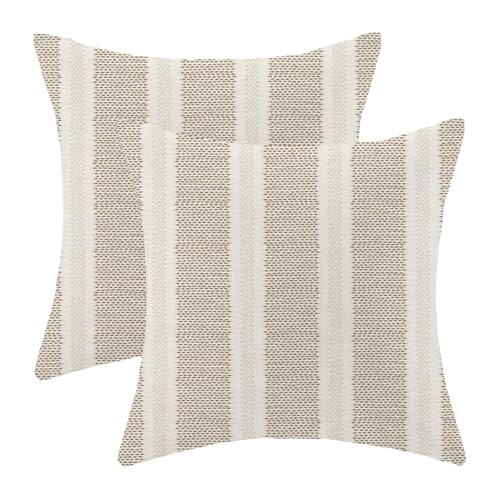 Brown Pillow Covers 16 x 16 Inch, Beige Boho Polka Dots Striped Decor Throw Pillows for Couch Bed, Geometric Modern Farmhouse Outdoor Decorative Pillowcase Linen Cushion Cover Set of 2 - color: Brown Beige, size: 16" x 16" (Pack of 2)