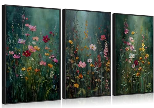 3Pcs Dark Green Floral Canvas Wall Art Moody Wildflowers Poster Prints Vintage Nature Rustic Botanical Flowers Pictures for Bedroom Living Room Office Bathroom Wall Decor 16x24in Unframed - color: green, size: 16x24in Poster
