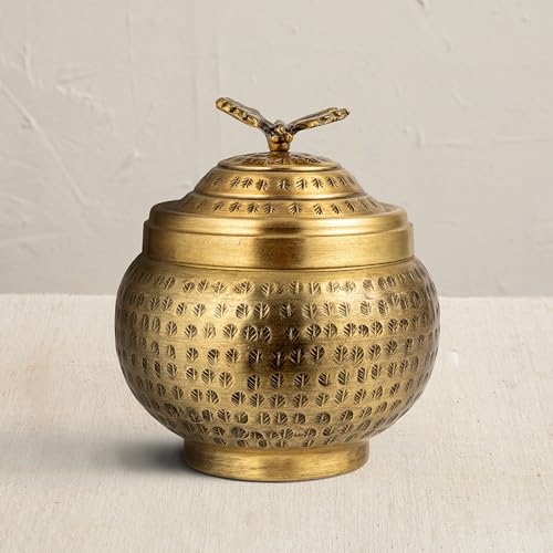 Creative Co-Op Round Hammered Metal Container with Butterfly Finial, Brass Finish - size: 6 inches (Diameter) x 7 inches (Height), style: Cottage