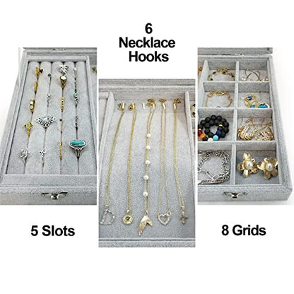 Ice Velvet Jewelry Organizer Box for Women Girlfriend Wife - color: 8 Grids & 5 Slots & 6 Necklace Hooks