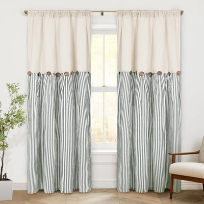 ASPMIZ Cotton Linen Farmhouse Curtains Boho Rustic Button Curtain, Linen Window Curtain Panels Green Stripe Country Curtains for Living Room Bedroom, Back Tab Window Drapes, 52 x 84 Inch, 2 Panels - color: Beige&green, size: 52"W x 84"L (Pack of 2)