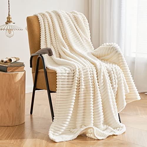 MIULEE Fleece Throw Blanket with Stripe Pattern for Couch Super Soft Fuzzy Flannel Cream White Blanket Plush Warm Cozy Bed Blanket for Sofa Chair Twin Size 60"x80" - color: Cream White, size: 60"x80"