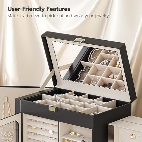 HOOBRO Jewelry Box with Mirror, Travel Jewelry Organizer with Glass Window - color: Black + Gold