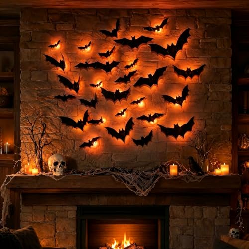 LED Halloween Bats Decoration 3D Light up Bats Wall Decor Indoor Outdoor - color: Pumpkin Orange