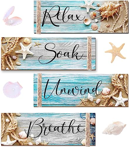 POILKMNI 4 PCS Ocean Beach Wood Relax Soak Unwind Breathe Art Sign | Hanging Wooden for Decor Living Room Laundry Spa Washroom - color: white