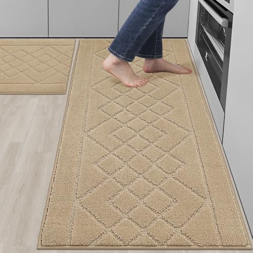 BEQHAUSE Kitchen Rugs Set of 2 Non Slip Runner, 24"x36"+24"x60", Beige - color: Beige, size: 24" X 36" + 24" X 60"