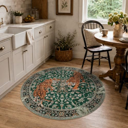 Moynesa 5ft Round Boho Tiger Rug, Green Washable Rug for Living Room - color: Green, size: 5' (Round)