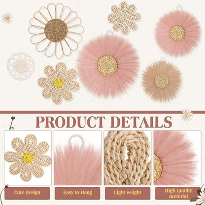 Chunful 7 Pcs Boho Wall Basket Decor Rattan Flower, Dark Pink - color: Dark Pink