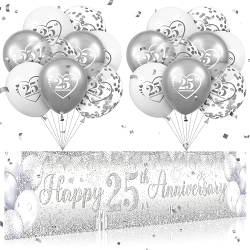 Silver 25th Wedding Anniversary Decorations for Men Women Silver Happy 25th Anniversary Banner and 18Pcs Balloons for 25 Years Wedding Party Decoration Supplies - color: Silver