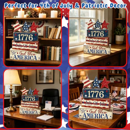 4th of July Table Decorations Patriotic Memorial Day Tiered Tray Decor Wooden Star Block Signs Independence Farmhouse 250th July Fouth Centerpiece for Tables Wooden Sign for Home Decor - style: July Fouth Star