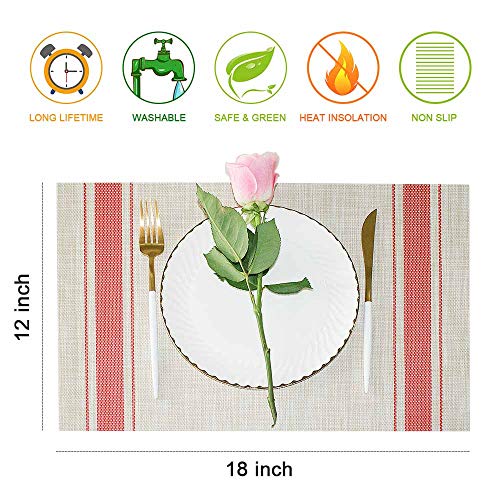 GIVERARE Placemats Set of 6, Heat-Resistant Woven Vinyl Placemat, Non-Slip Washable PVC Table Mat, Easy to Clean Premium Plastic Mats at for Dining, Kitchen Table (Stripe Red) - color: 6 Pack Red