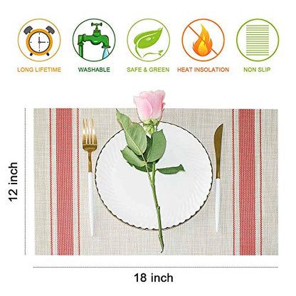 GIVERARE Placemats Set of 6, Heat-Resistant Woven Vinyl Placemat, Non-Slip Washable PVC Table Mat, Easy to Clean Premium Plastic Mats at for Dining, Kitchen Table (Stripe Red) - color: 6 Pack Red