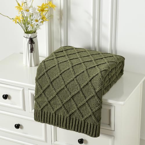 CREVENT Farmhouse Boho Knitted Throw Blanket for Couch Sofa Chair Bed Home Decoration, Soft Warm Cozy Light Weight for Spring Summer Fall (60''X80'' Chenille Green) - color: Chenille Green, size: 60inchx80inch