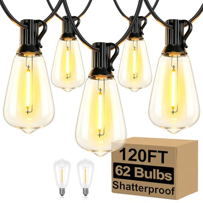 Brightever 120FT Outdoor String Lights 62 Bulbs, Waterproof Patio Lights - color: Black Wire Warm White, size: 120FT