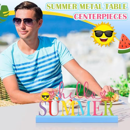 Yaocom 11.81 Inch Hello Summer Metal Table Sign with Wooden Base - style: Summer